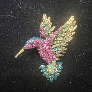 Pink and Teal Hummingbird Bird Pin Brooch  Antique Hold Tone